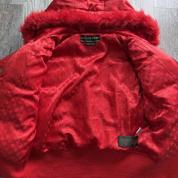 Y2K Puffy Jacket Womens Medium Red Puffer Faux Fur Hood Feather Winter Coat - Picture 7 of 14